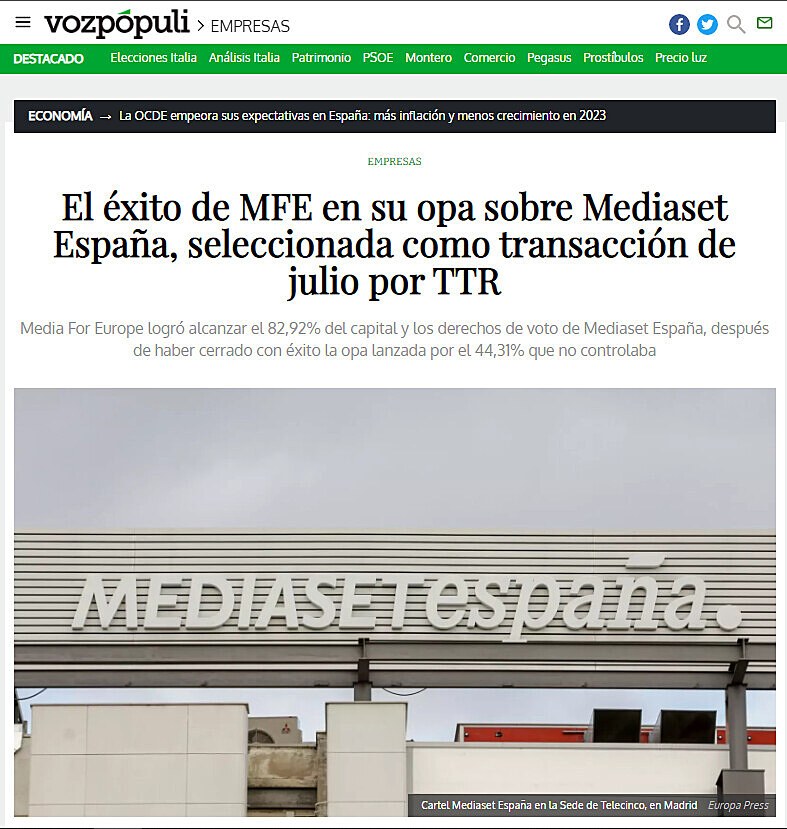 El xito de MFE en su opa sobre Mediaset Espaa, seleccionada como transaccin de julio por TTR